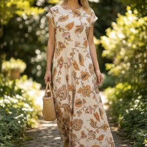 Chaps Women's Yellow Floral Cotton Midi Flare Small Dress